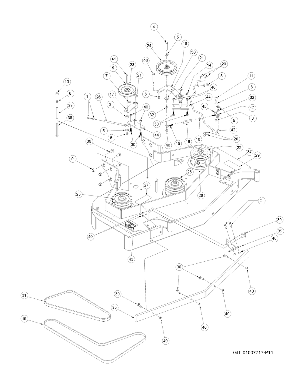 Deck Assembly 48-Inch Diagram and Parts List for H1748 55AI4HPS050-WAM Cub Cadet Lawn Mower